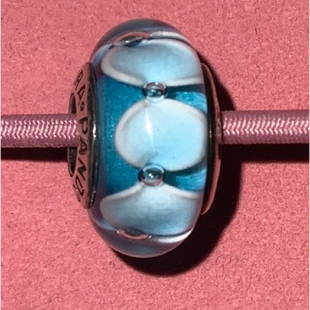 Pandora Sterling Silver w/ Blue and White Dots / Swirls Murano Clear Glass Bead
